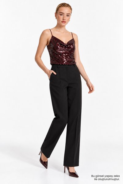 Exquise Thin Straps Degaje Collar Sequin Embroidered Blouse