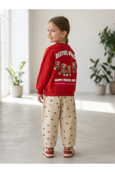 Motebarn Wear Girl's Red Bear Printed Sweatshirt and Patterned Beige Balloon ...