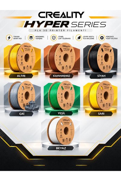 Creality Hyper PLA Filament 7 ADET (SİYAH-BEYAZ-SARI-GOLD-YEŞİL-GRİ-KAHVERENGİ)