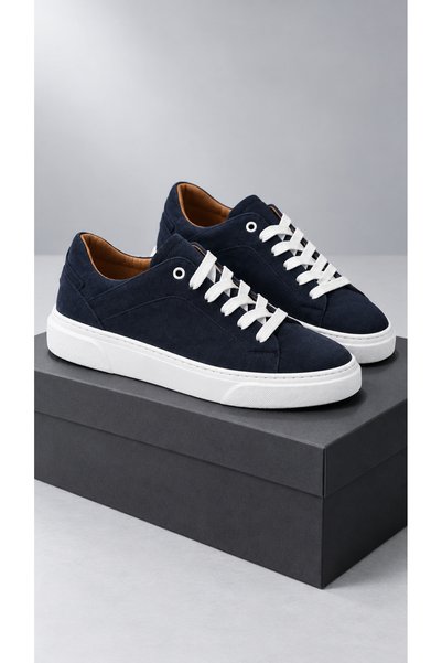 Genel Markalar Erkek Lacivert Süet Görünümlü Beyaz Tabanlı Bağcıklı Günlük Sneaker