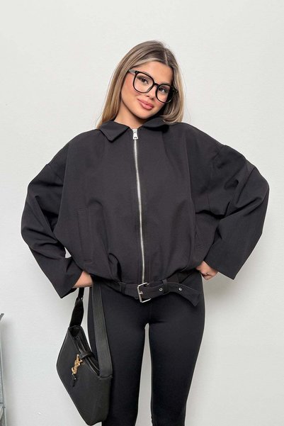 JEE LEE معطف نسائي بحزام وتفاصيل جيوب مزدوجة بسحاب أسود - 27K 3053