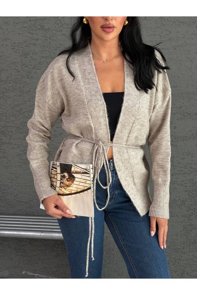 ÇEÇİM Women's Waist-Tied V-Neck Long Sleeve Cardigan
