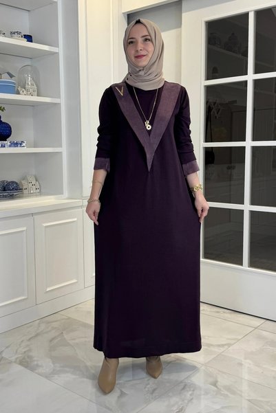 Rabia Şamlı Venüs Cupra Detaylı Triko Elbise Mürdüm