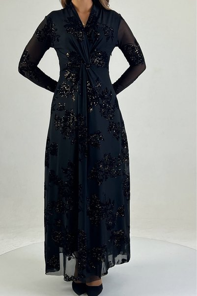 Neşeli Butik Rochie neagră de damă, cu decolteu dublu, drapată, strălucitoare...