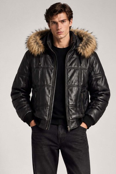 Deriderim Black Fur Hooded Genuine Leather Inflatable Coat