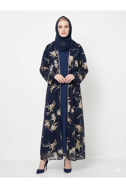 RIZQE Rizqé Navy Bloom Sheer Floral Kimono Abaya Set