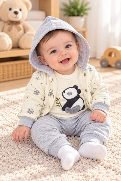 SERPİL Baby Boy Panda Patterned Hooded 3-Piece Set – Adorable Winter Baby Outfit