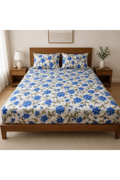Generic Blue Floral Double Bed Sheet Set with 2 Pillow Covers
