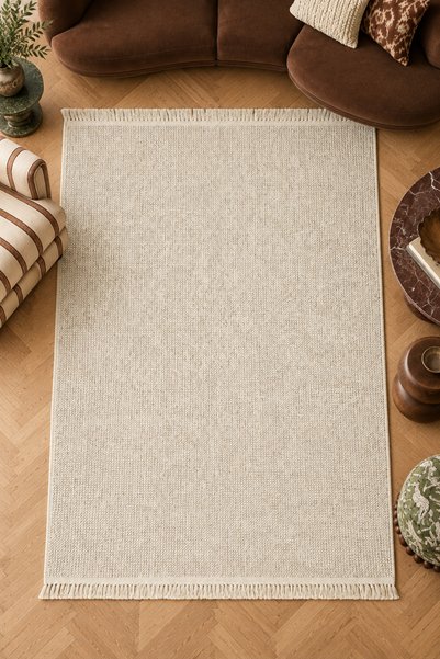 Rugs Modern Halı CASA Lucca Krem Gri Geometrik Desenli Dekoratif Saçaklı Halı