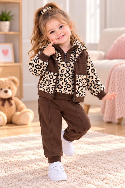SERPİL Girl's Brown Leopard Patterned Plush 3-Piece Tracksuit Set