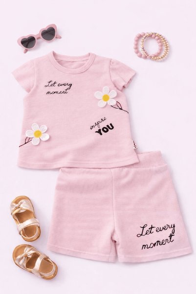 Hepsi Moda Daisy Embossed Baby Girl Shorts Set - 26123 - Pastel Pink