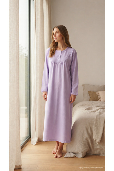 Generic Brand Women's 100% Cotton Lace Detailed Buttoned Long Sleeve Nightgown