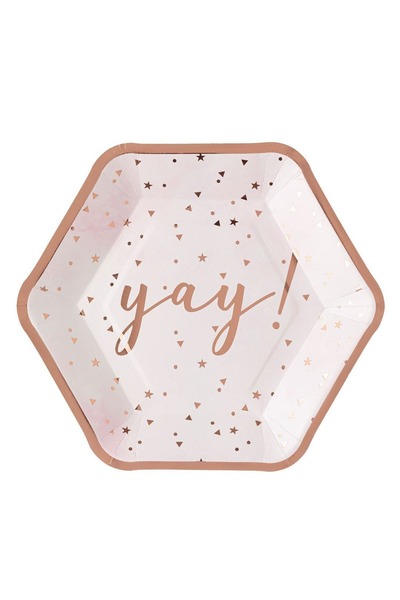 OEM 6 bucăți farfurii hexagonale din hârtie albă cu folie aurie roz 'Yay' 18cm