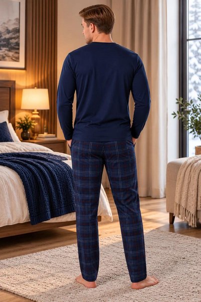 gd goldoremi Erkek Likralı Termal Sıcak Tutan Kumaş Uzun Kollu Lacivert Pijama Takımı