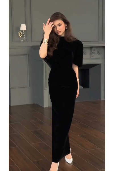 addy فستان سهرة مخمل أسود فاخر بتصميم كاب منحني وقصة مجسمة ملكية
