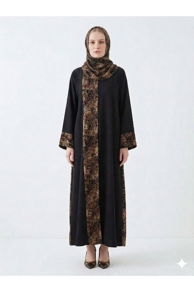 RIZQE Rizqé Black Nida Abaya with Brown Pashmina-Style Print