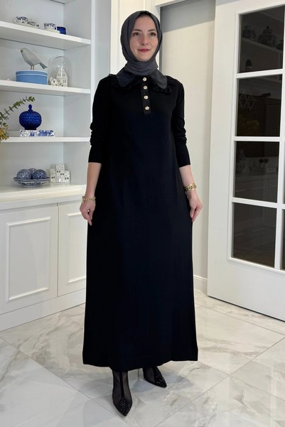 Rabia Şamlı Derya Dantelli Triko Elbise Siyah