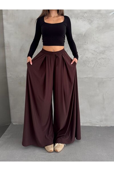 aselon Women's Wide-Lette Pants with Pleated Details in Sandy Fabric, Tesettü...