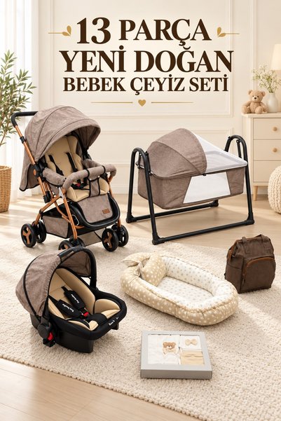 ÖYKÜ BEBEK DUNYASI 13 Parça Yeni Doğan Bebek Çeyiz Seti Full Set Bebek Arabas...