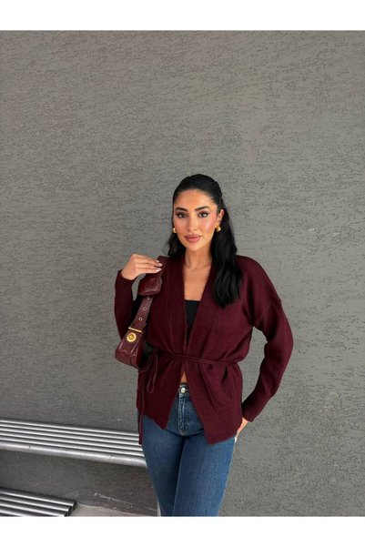 ÇEÇİM Women's Waist-Tied V-Neck Long Sleeve Cardigan