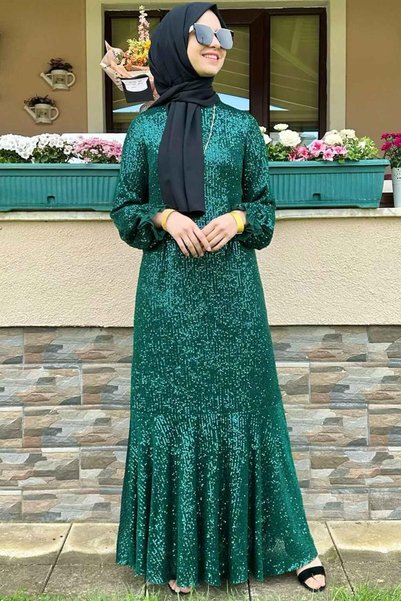Rabia Şamlı Pırıl Zümrüt Yeşili Elbise
