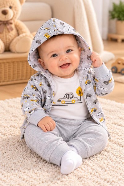 SERPİL Baby Boy Car Patterned Hooded 3-Piece Tracksuit Set
