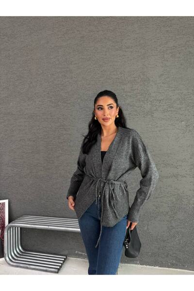 ÇEÇİM Women's Waist-Tied V-Neck Long Sleeve Cardigan