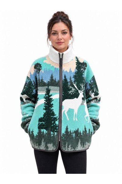 Green Dream Tam Fermuarlı Geyik Desenli Peluş