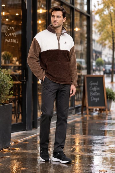 lumberjack Rc-5102 Men's Ecru-Brown Half-Zip Plush Fleece Coat