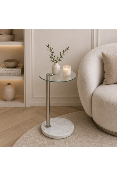 MiLi Modern Side Table with Glass Top and White and Silver Marble Base