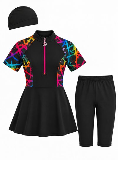 İYİBU Young Girl Waitress Semi-Closed Swimsuit Set 3 Piece Short Sleeve Zippe...