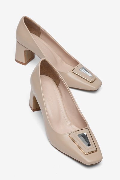 Dilimler Ayakkabı Large Size Women's Thick Heeled Shoes Beige Blunt Toe Stone...