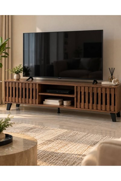 TrentonGCC حامل تلفزيون خشبي عصري مع أرفف تخزين مفتوحة - 200 × 40 × 40 سم