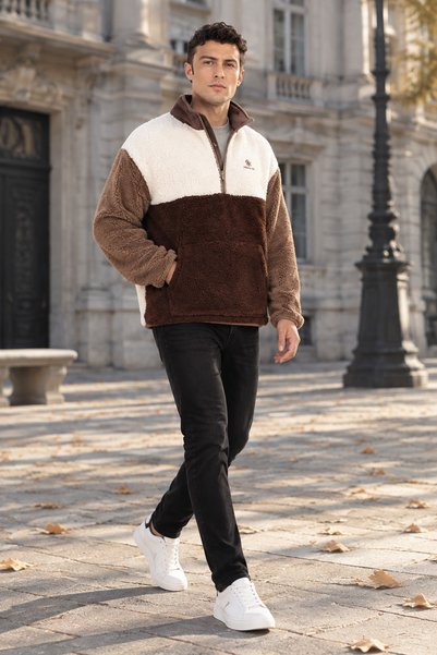 lumberjack RC-2376 Palton din fleece de pluș pentru bărbați, ecru-maro, cu ju...