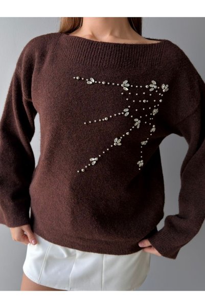 ÇEÇİM Women's Stone Embellished Wide Collar Long Sleeve Sweater
