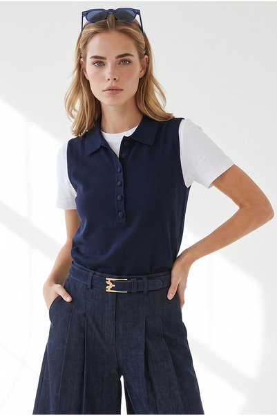 Olalook Women's Navy Blue Polo Collar Covered Button Soft Textured Knitwear B...