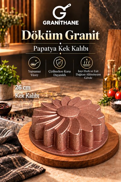 GRANİTHANE Döküm Granit Papatya Kek Kalıbı 26 cm Yapışmaz Yüzeyli Çiçek Desen...