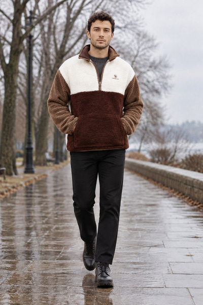 lumberjack Rc-3001 Men's Ecru-Brown Half-Zip Plush Fleece Coat