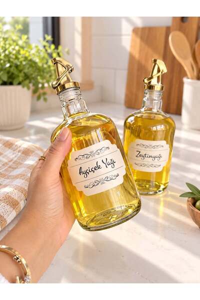 MODA OZY 2'li Gold Sızdırmaz Kapaklı 750 ml Cam Yağlık Seti Suya Dayanıklı Etiket Dahil