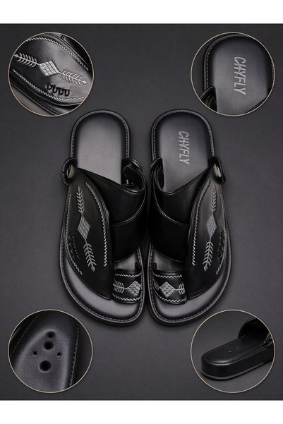 Huanhuan Shoe صنادل رجالية بتصميم شرق أوسطي، صنادل جلدية ناعمة بنعل سميك، متع...