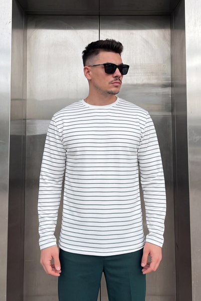 Teenage Millionaire Men's White Green Striped Long Sleeve Textured Soft Premi...