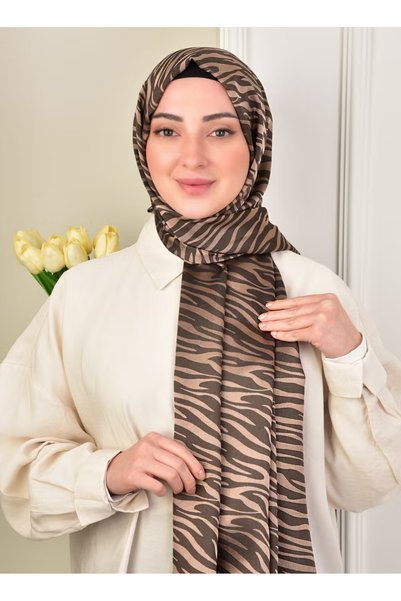 BURDEN IPEK شال حجاب جاكار لامع باللونين البيج والبني بنقشة الزيبرا - 75 × 19...