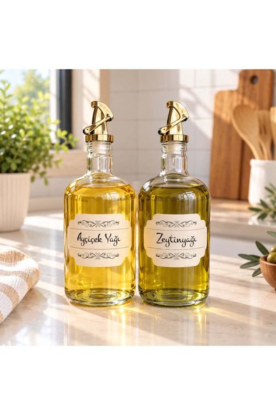 MODA OZY 2'li Gold Sızdırmaz Kapaklı 750 ml Cam Yağlık Seti Suya Dayanıklı Etiket Dahil
