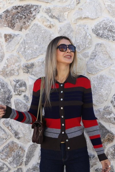 bytugcekaya Red Standard Size Polo Collar Color Gradient Cardigan