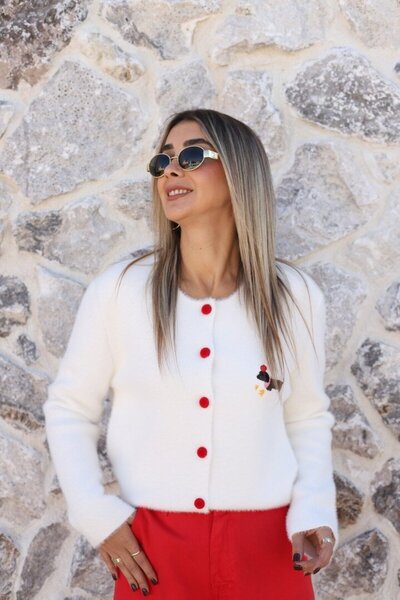bytugcekaya Ecru Standard Size Suede Buttoned Dog Embroidered Cardigan