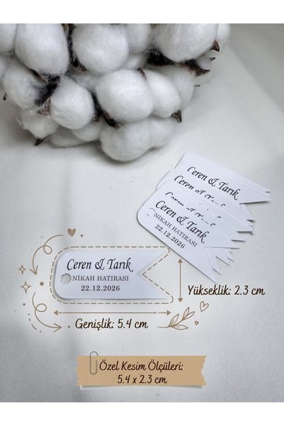 Kişiye Özel Baskılı Beyaz Karton Etiket / Hediyelik Etiketi / 100 Adet Flama Etiket (2,4X 5,4 CM)