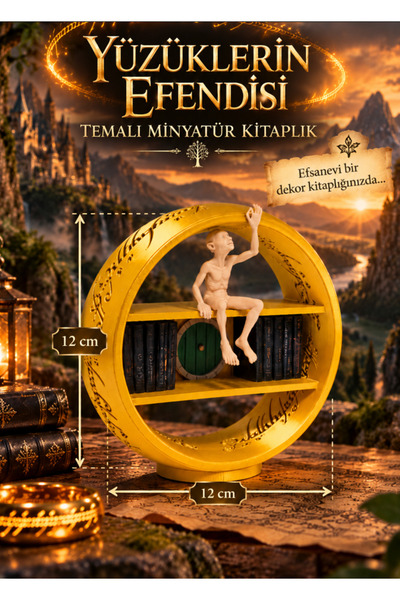 Printech3d Yüzüklerin Efendisi Temalı Dekoratif Minyatür Kitaplık - Altın Yüz...