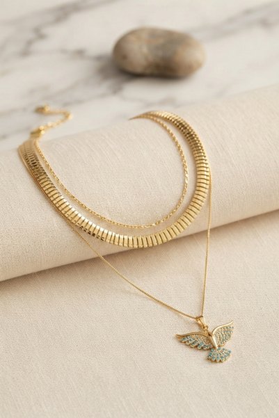 callerrons accessories مجموعة قلادة نسائية من النحاس باللون الذهبي مع سلسلة ع...
