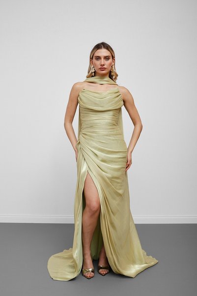 Serica Moda Pastel Green Strapless Draped Chiffon Fabric Evening Dress with S...