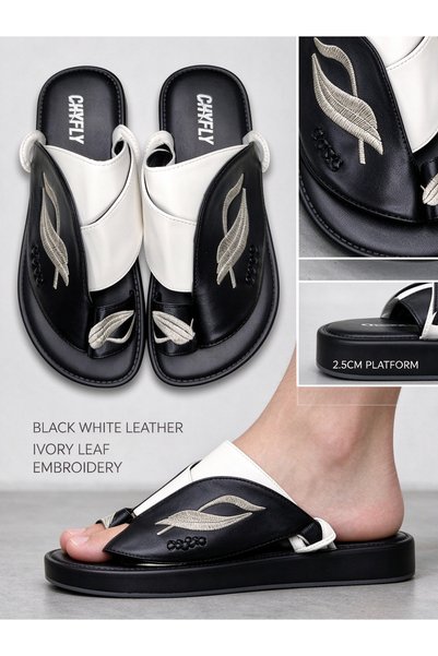 Huanhuan Shoe صنادل رجالية مطرزة بتصميم ثونغ؛ شباشب جلدية كلاسيكية مغلقة الأص...